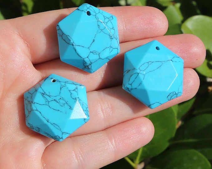 ONE Manmade Blue Turquoise Gemstone Merkaba  Faceted Hexagon Pendant | Size 25mm | Hole 2mm