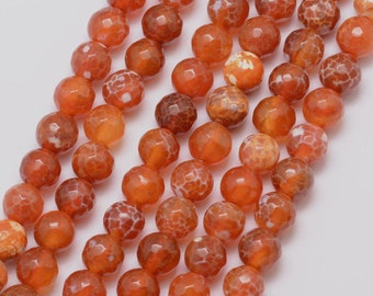 Natural Orange White Fire Agate Gemstone Faceted Round Beads | Sold by 15 Inch Strand | Size 8mm 10mm