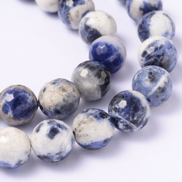 Faceted Sodalite Beads | Grade A | Round Natural Gemstone Beads | Sold by 15 Inch Strand | Size 4mm 6mm 8mm 10mm