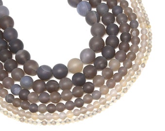 Matte Gray Stripe Agate Beads: Round Gemstone, 15 Inch Strand