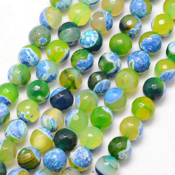 Natural Green Blue Fire Agate Gemstone Faceted Round Beads | Sold by 15 Inch Strand | Size 6mm 8mm 10mm 12mm