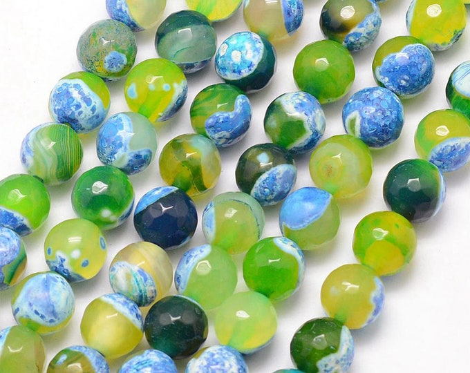 Natural Green Blue Fire Agate Gemstone Faceted Round Beads | Sold by 15 Inch Strand | Size 6mm 8mm 10mm 12mm