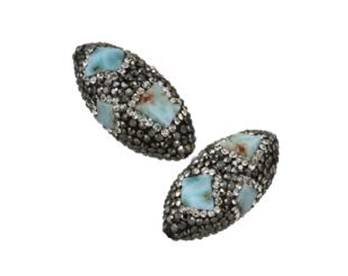 ONE Natural Larimar Gemstone with Rhinestones Clay Pave Bead | Size 27x39x17mm | Hole 1.5mm