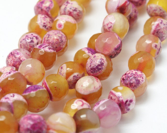 Natural Yellow Pink Fire Agate Gemstone Faceted Round Beads | Sold by 15 Inch Strand | Size 6mm 8mm 10mm 12mm