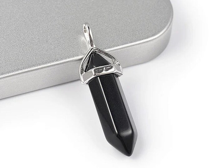 ONE Natural Black Obsidian Gemstone Faceted Bullet Pendant | Silver Color Zinc Alloy Bail | Size 36-40x12mm