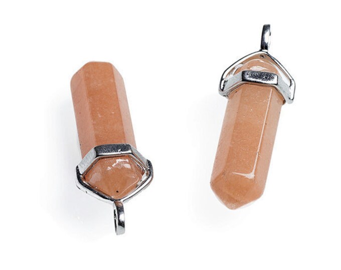 ONE Natural Red Aventurine Gemstone Faceted Bullet Pendant | Silver Color Zinc Alloy Bail | Size 36-40x12mm