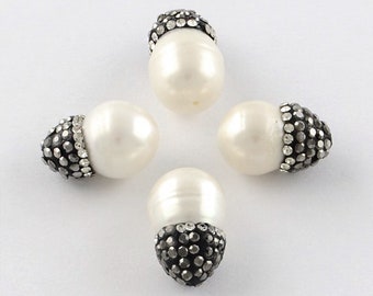 ONE Natural Cultured Freshwater Pearl Beads with Polymer Clay Rhinestone | Teardrop Shape Beads | Size 14~16x9~10m | Hole 0.5mm