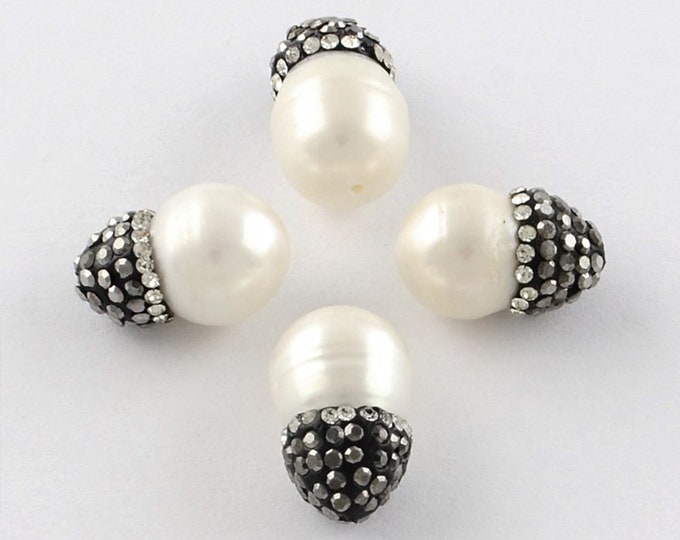 Natural Cultured Freshwater Pearl Beads with Polymer Clay Rhinestone | Teardrop Shape Beads | Sold by 1 Bead | Size 14~16x9~10m | Hole 0.5mm