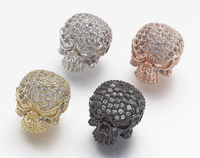 Skull Cubic Zirconia Micro Pave Brass Bead | Clear Crystal | Sold Individually | Size 10x11x13.5mm | Hole 2mm