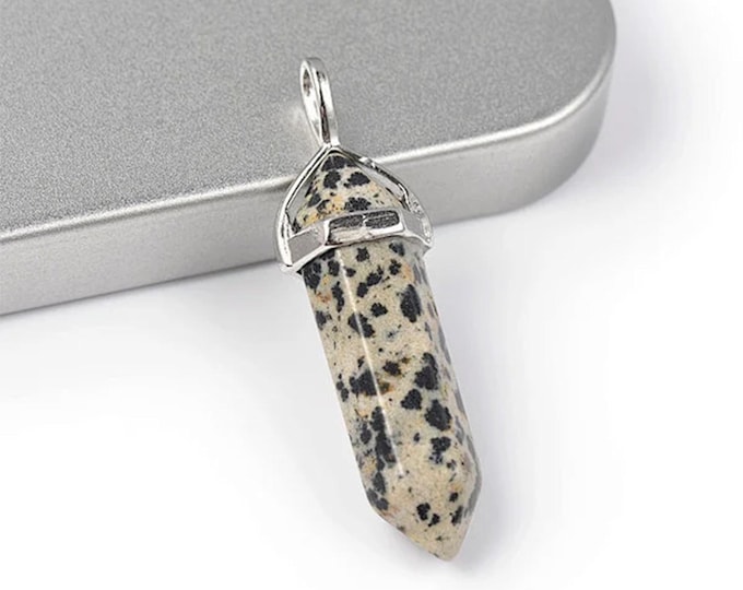 ONE Natural Dalmatian Jasper Gemstone Faceted Bullet Pendant | Silver Color Zinc Alloy Bail | Size 36-40x12mm