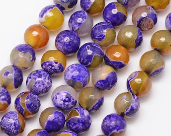 Natural Purple Yellow Fire Agate Gemstone Faceted Round Beads | Sold by 15 Inch Strand | Size 6mm 8mm 10mm