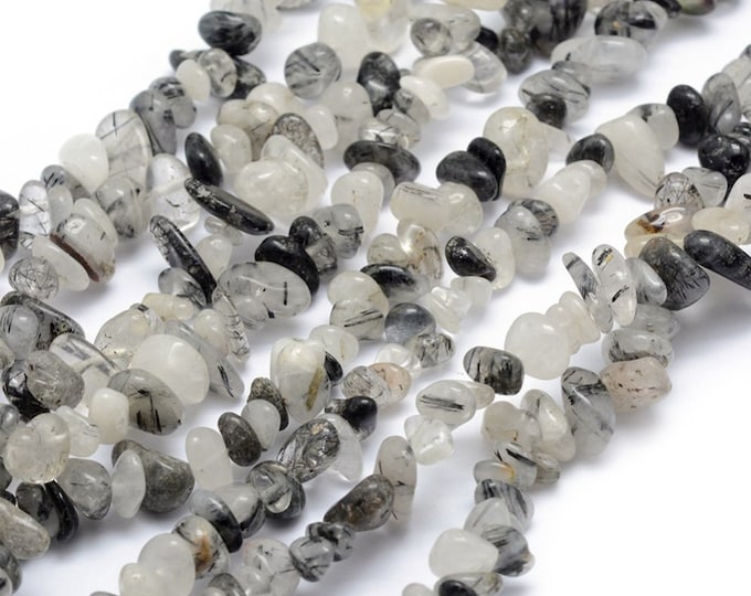 Natural Black Rutilated Quartz Beads Chips | Grade A | Gemstone Loose Beads | Sold by 33 Inch Strand | Size 5~8mm | Hole 0.5mm