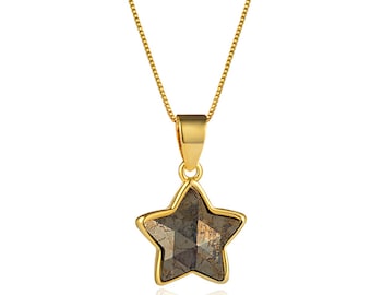 Faceted Pyrite Star Pendant Necklace | 18K Gold Plated Brass Chain | Lobster Clasp | Chain Length 18 Inch | Pendant Size 12mm
