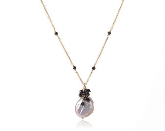 Baroque Pearl Chain Necklace with Black Tourmaline | 18K Gold Plated Chain | Length 16 Inch