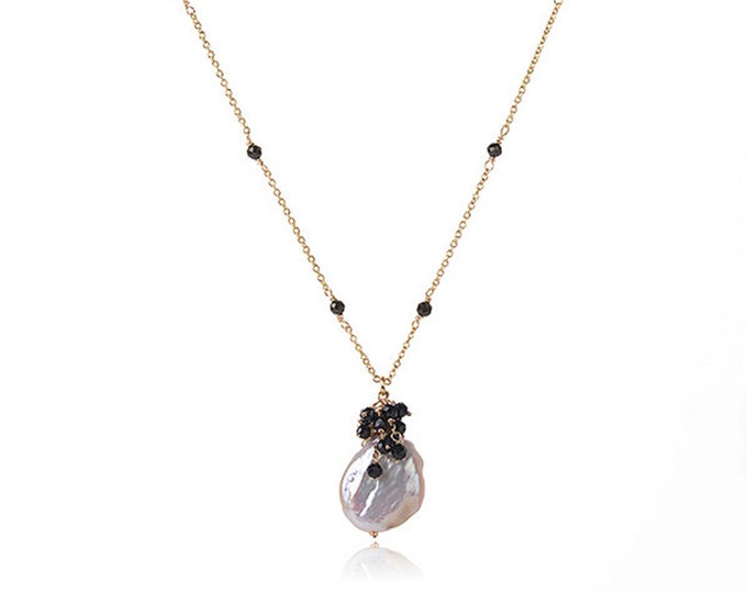 18K Gold Plated Baroque Pearl Chain Necklace with Black Tourmaline Gemstone