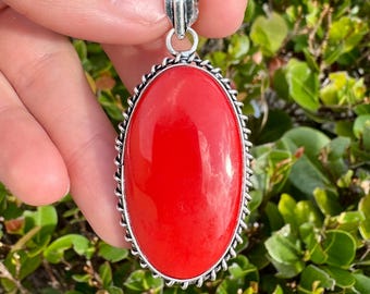 Natural Red Coral Pendant 925 Sterling Silver Gemstone Pendant Focal Bead Size 2 Inch