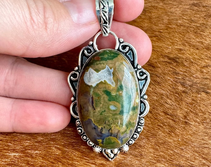 Natural Australian Rainforest Jasper Gemstone 925 Solid Sterling Silver Pendant Size 2.5 Inch
