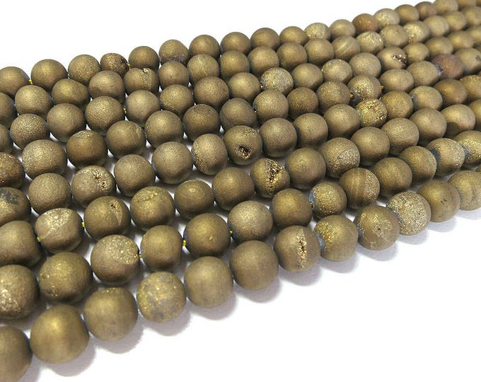 Druzy Agate Beads | Matte Gold Metallic | Round Natural Gemstone Loose Beads | Sold by Strand | Size 8mm