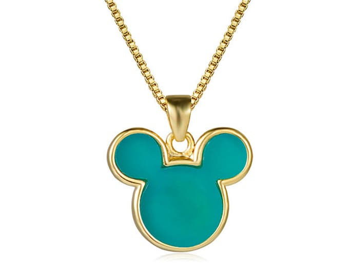 Blue Jade Gemstone Mouse Head Pendant Chain Necklace | 18K Gold Plated Brass | Length 17.7 Inches (45cm) | Pendant Size 13x15mm