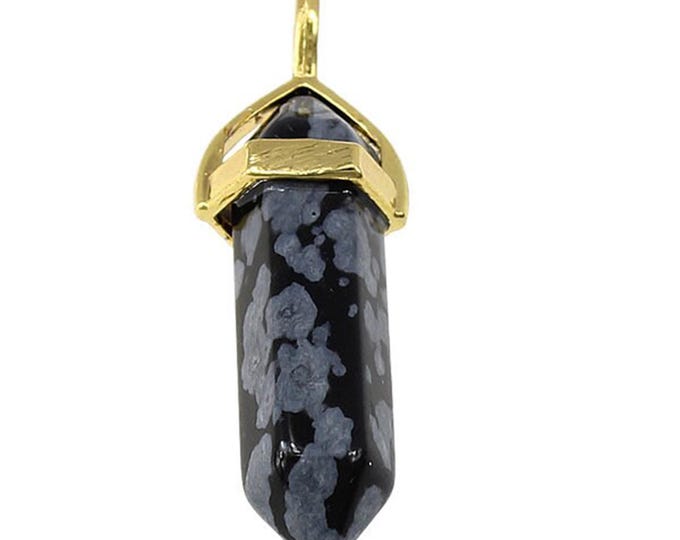 ONE Natural Snowflake Obsidian Gemstone Faceted Bullet Pendant | Gold Color Zinc Alloy Bail | Size 36-40x12mm