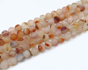 Matte Stripe Agate Beads – Orange/White Round Gemstone Strand (15 in., 8–10 mm)