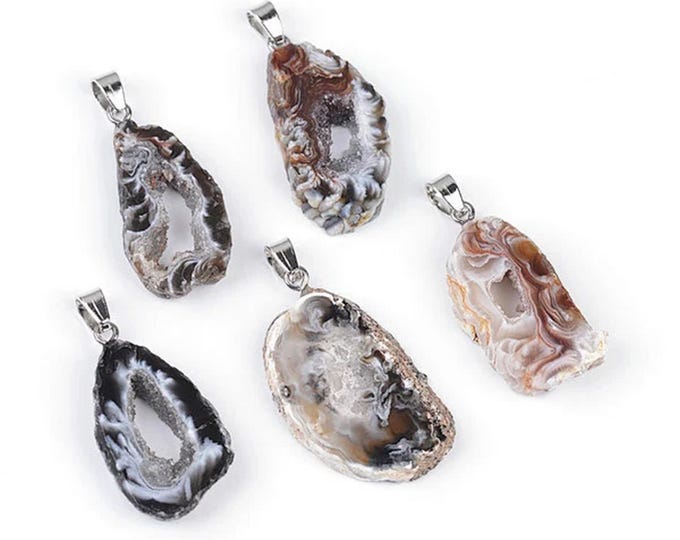 ONE Natural Hollow Druzy Agate Geode Nuggets Gemstone Pendant Size 32x18mm