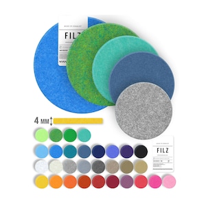 Könnte beinhalten: Sortiment an Filz-Kreisen in verschiedenen Farben, darunter Blau, Grün, Grau und Beige. Die Kreise sind 4 mm dick und in verschiedenen Größen erhältlich. Das Bild zeigt auch eine Probe des Filzes in gelber Farbe. Der Text "FILZ" ist auf zwei Etiketten sichtbar und zeigt an, dass das Produkt aus Filz besteht.