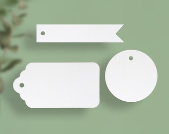Weiße Geschenkanhänger aus Leinenpapier / Papieranhänger / Fahne / Kreis / Etikett - Leinenstruktur oder Glattpapier