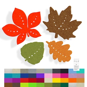 Könnte beinhalten: Vier Filzblattformen in Herbstfarben: Orange, Braun, Grün und Beige. Jedes Blatt hat weiße Punktdetails. Die Blätter sind auf weißem Hintergrund angeordnet. Am unteren Rand befindet sich eine Farbpalette mit Filzmustern.