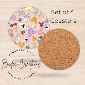 May include: Set of four pink and white coasters with a pattern of Mickey Mouse ears, ice cream cones, donuts, and other Disney park treats. The coasters are made of cork.
