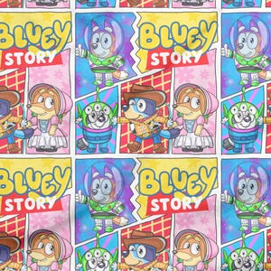 May include: A repeating pattern featuring cartoon characters in comic book style panels. The characters are dressed in various costumes, including a space suit, a cowboy outfit, and a princess dress. The text "Bluey Story" is displayed in a yellow bubble.