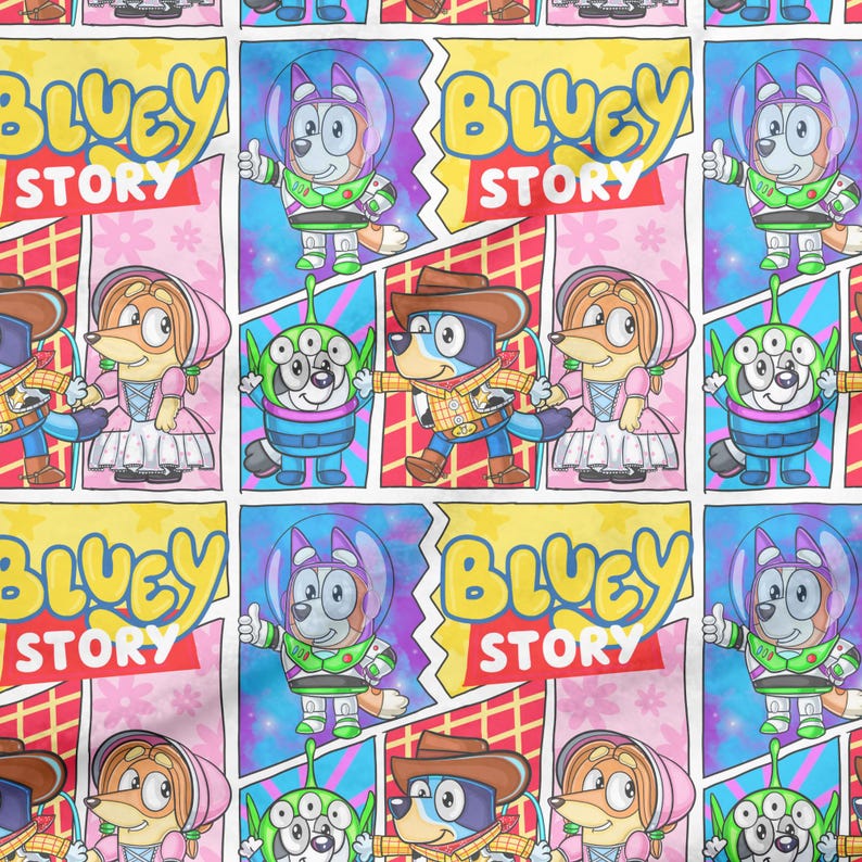 May include: A repeating pattern featuring cartoon characters in comic book style panels. The characters are dressed in various costumes, including a space suit, a cowboy outfit, and a princess dress. The text "Bluey Story" is displayed in a yellow bubble.