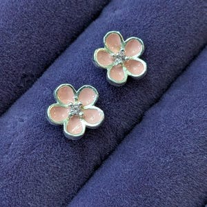 Sterling Silver Pink Flower Stud Earrings – Delicate Floral Design with Enamel & Crystal Center, Hypoallergenic