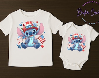 May include: White t-shirt and onesie set featuring a blue cartoon character wearing a patriotic hat and holding an American flag. The design includes red, white, and blue stars and confetti, perfect for a baby or toddler.