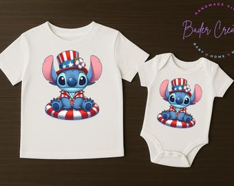 May include: White t-shirt and onesie featuring a cartoon blue alien character wearing a patriotic hat and shirt, sitting on a red and white striped float. The design is perfect for matching outfits.