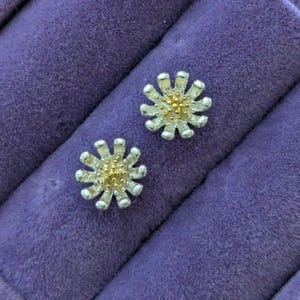 May include: Two silver daisy stud earrings with gold centers, displayed on a purple velvet surface. The earrings have a detailed, floral design, showcasing a delicate and elegant aesthetic. The earrings are small and suitable for everyday wear.