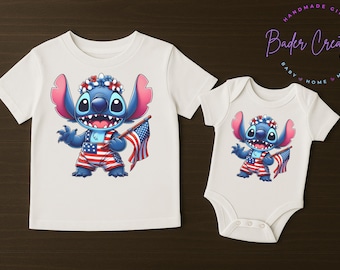 May include: White t-shirt and onesie featuring a blue cartoon character with red and white accents, holding an American flag. The character wears a patriotic outfit and a floral crown. The design is suitable for babies and children.