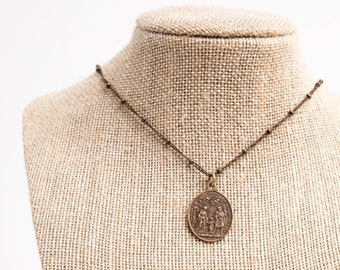 Holy Family Bronze Vintage Catholic Necklace w/gemstone dangle of your choice