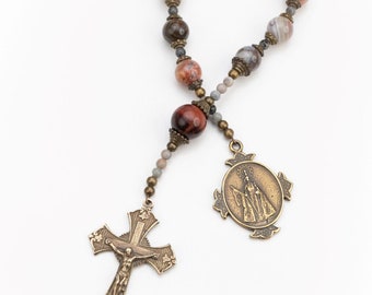 Our Lady of the Rosary Vintage Catholic Decade Rosary, Laguna Lace Agate Tenner Rosary with Bronze Medals, Catholic Gifts for Men and Women