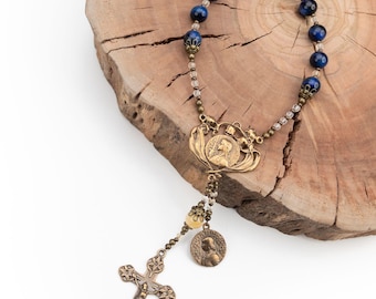 Saint Joan of Arc with Lilies Catholic Vintage Handmade Tenner in Blue Tiger Eye