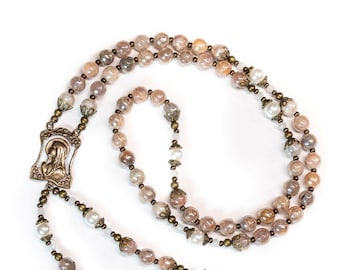 Our Lady of Lourdes Vintage Catholic Rosary Beads - Virgin Mary Rosary Luxe Sunstone & Pearl with Bronze, Catholic Gifts