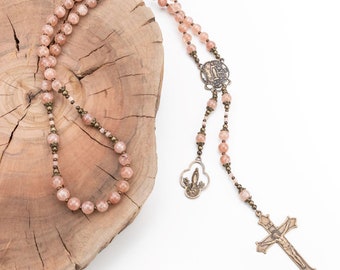 Our Lady of Grace & Our Lady of Lourdes Heirloom Vintage Catholic Rosary in Peach Sunstone, Baptism and First Communion Rosary