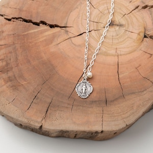 Sterling Silver Miraculous Medal Catholic Necklace  - Virgin Mary Necklace with dangle bead, Catholic Gift for Girls First Communion