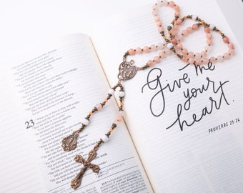 Girl's Heirloom Vintage Catholic Rosary with Our Lady of Lourdes & Our Lady of the Miraculous Medal in Peach Chalcedony