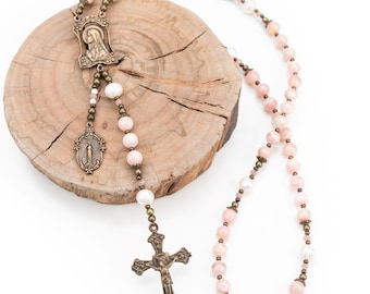 Our Lady of Lourdes Heirloom Vintage Catholic Rosary in Pink Opal & Pearl, Baptism and First Communion Rosary