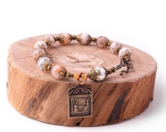 Blessed is She who Believed Vintage Catholic Rosary Bracelet - Annunciation Virgin Mary Bracelet in Cherry Blossom Agate, Pearl, Bronze