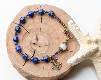 Nautical Anchor Crucifix One Decade Rosary Bracelet, Vintage Catholic Bracelet in Blue Lapis Lazuli, Moonstone, Bronze