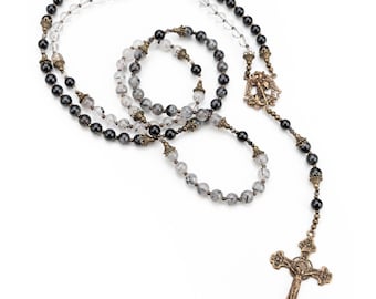 Holy Souls of Purgatory Ten Decade Vintage Catholic Rosary Featuring an Archangel Michael Rosary Center, Memento Mori Gift,  Black to Clear