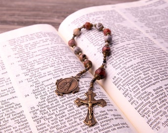 Our Lady of the Rosary Vintage Catholic Decade Rosary, Laguna Lace Agate Tenner Rosary with Bronze Medals, Catholic Gifts for Men and Women