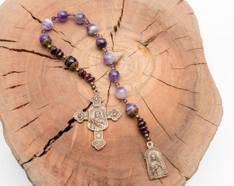 St Therese of Lisieux, the Little Flower, Vintage Catholic Decade Rosary Beads with Bronze Medals, Amethyst Tenner Catholic Gifts for Women